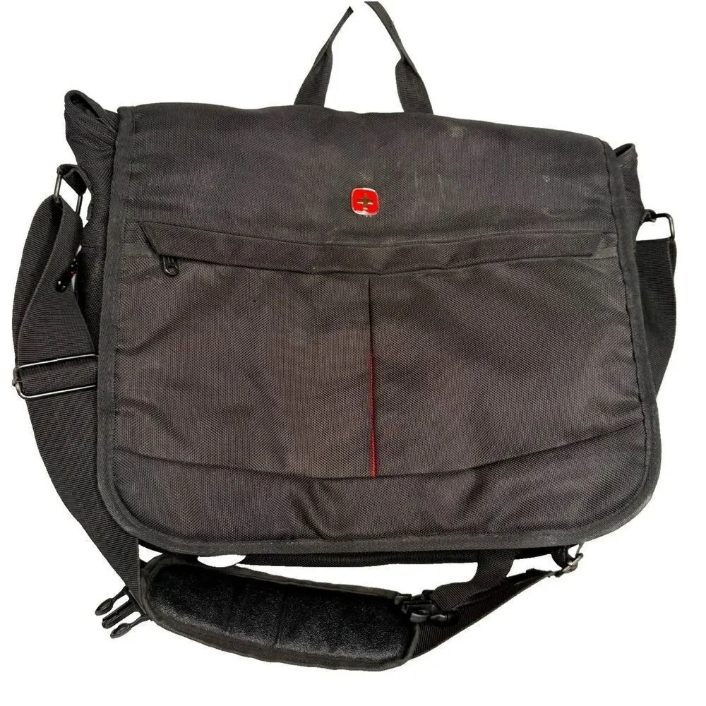 Wenger Swiss Army Laptop Messenger Bag Black Flap-Over Fits 15.6